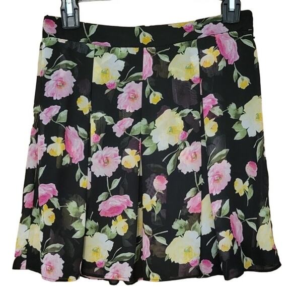 B. DARLIN Pleated Black & Pink & Yellow Floral Lined Twee Mini Skirt - 3/4 - Picture 1 of 7